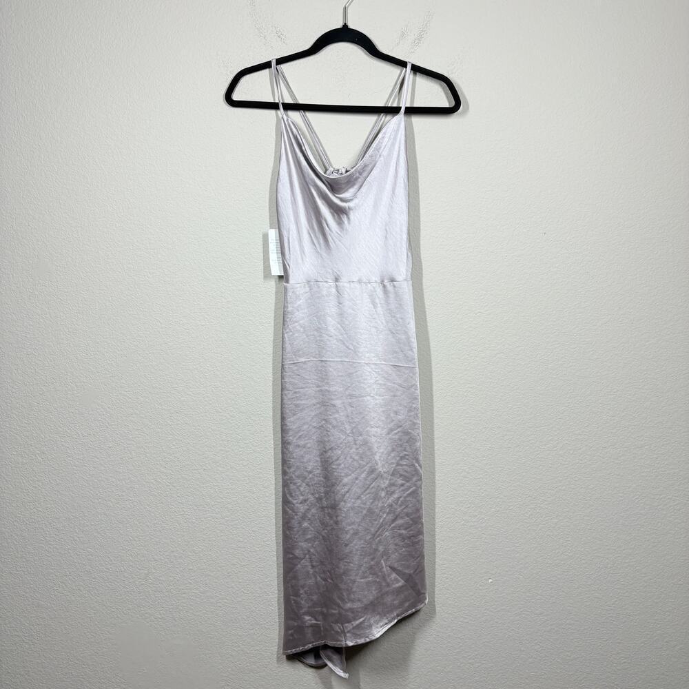 Birch XS Satin Draped Slinky Dress Purple Silver Cut Out Tie Back Sleeveless